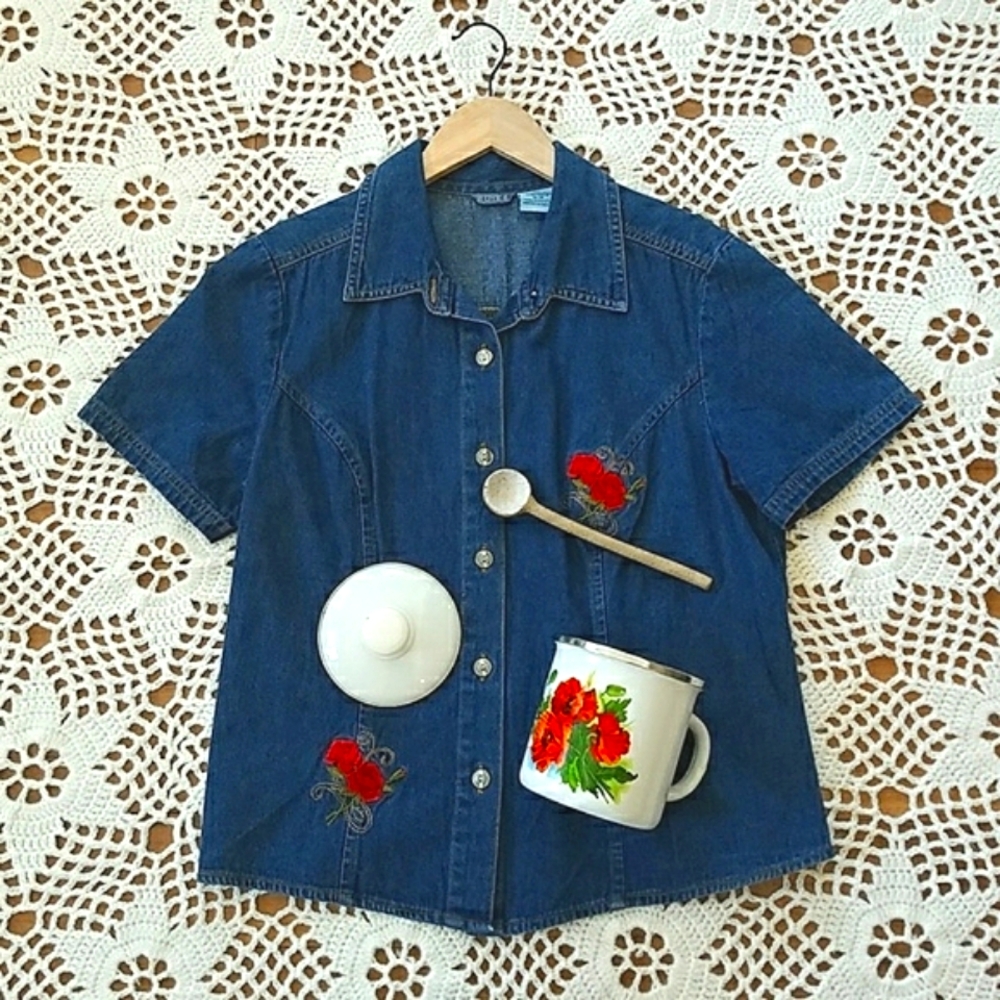Vintage Denim Rose Embroidered Shirt